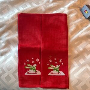 Crate&Barrel Red Kitchen Towels with Snowman Design